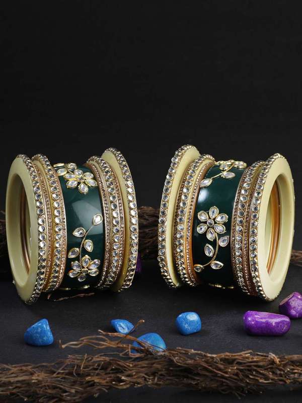 Set Of 18 Green Bridal Kundan Chuda