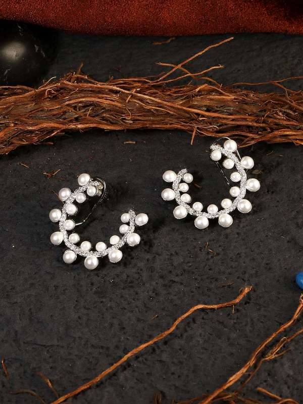 rhodium Plated Pearl Hoop Earring