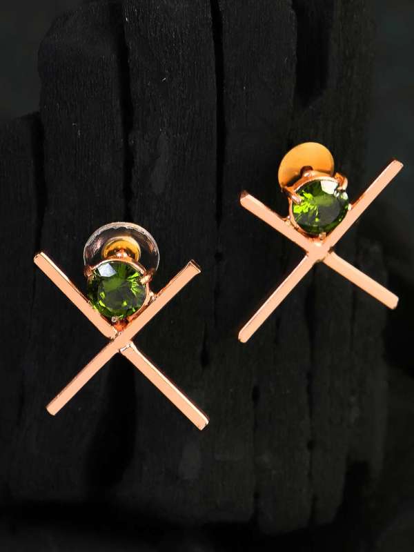 Gold Plated Green Stone Cross Earrings