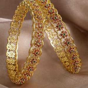 Women Set of 2 Gold Plated Flower Bangles