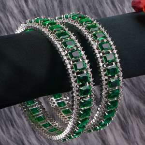 Women Set of 2 Rhodium Plated Green Stone Bangles
