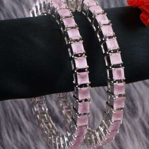 Women Set of 2 Rhodium Plated Baby Pink Crystal Stone Bangles