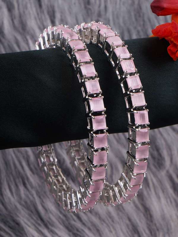 Women Set of 2 Rhodium Plated Baby Pink Crystal Stone Bangles