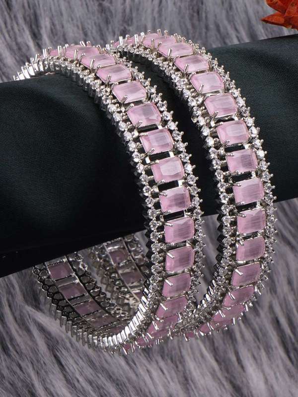 Women Set of 2 Rhodium Plated Baby Pink Crystal Stone Bangles