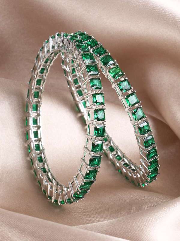Women Set of 2 Rhodium Plated Green Emrald AD Bangles