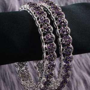 Women Set of 2 Rhodium Plated Purple Flower Design Bangles