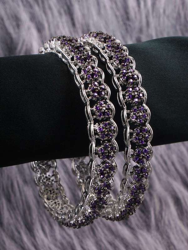 Women Set of 2 Rhodium Plated Purple Flower Design Bangles