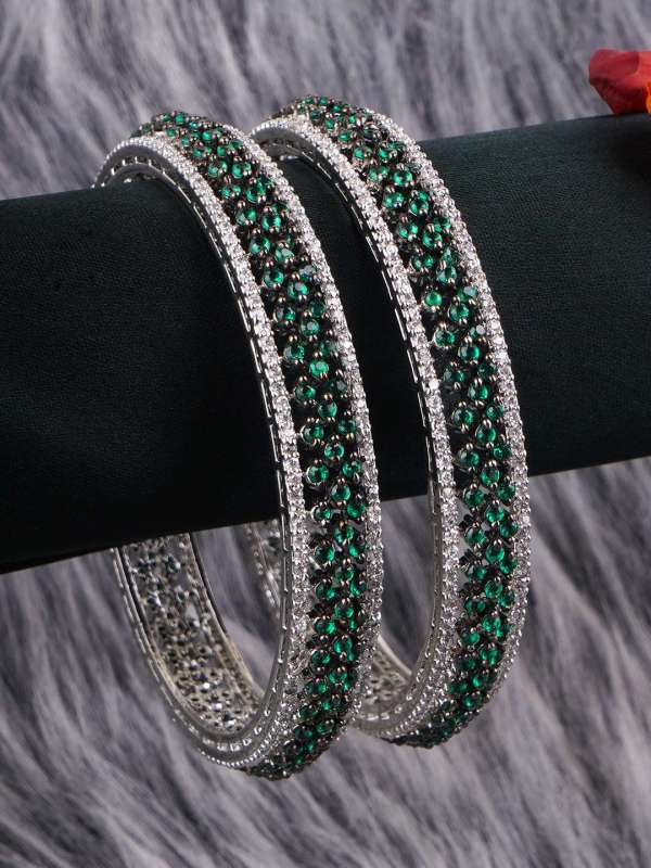 Women Set of 2 Rhodium Plated Tiny Green Stone Bangles