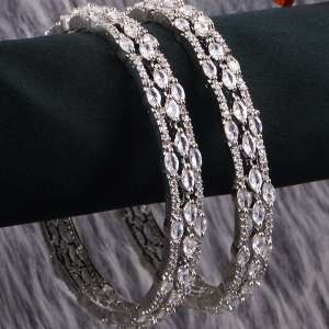 Women Set of 2 Rhodium Plated A Grade White AD Bangles