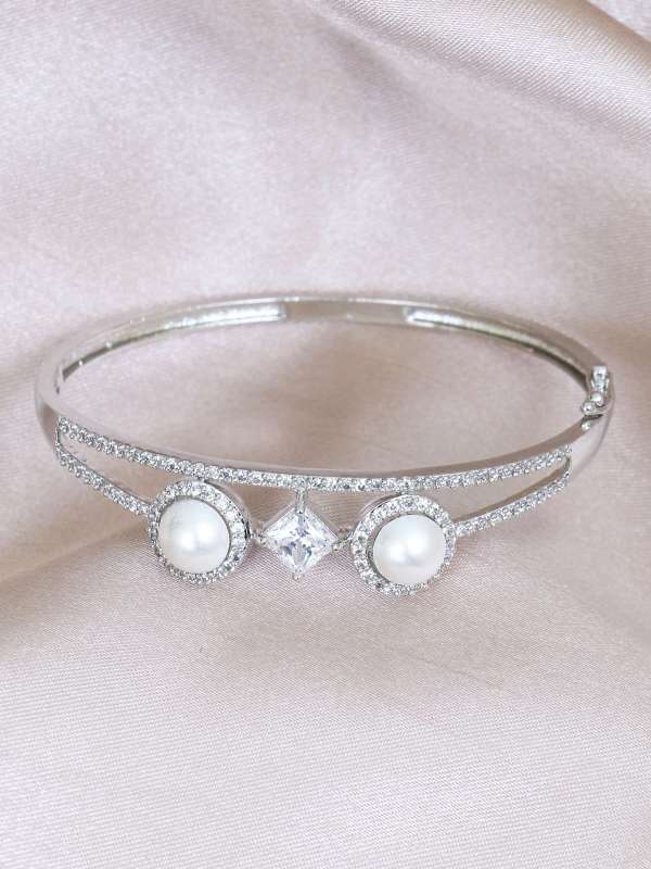 Rhodium Plated CZ AD Stone Studded Pearl Beaded Bracelet