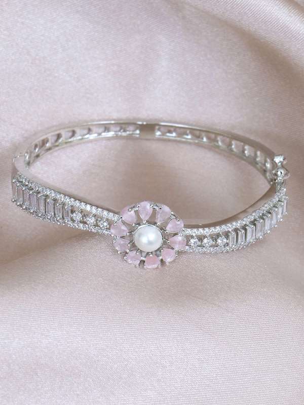 Rhodium Plated CZ Diamond Studded Pink Crystal & Pearl Beaded Bracelet