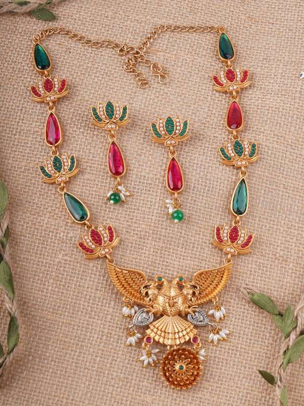 Gold Plated Oxidised Lotus Design Pearl Beaded Necklace Set