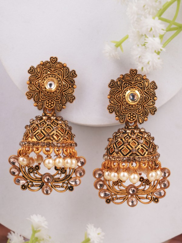 Gold Plated Stone Studded Pearl Beaded Flower Shape Jhumkis