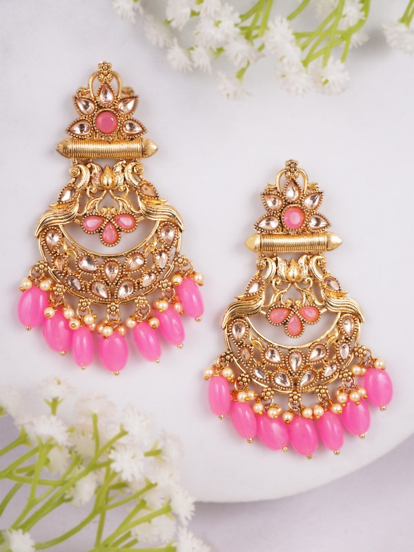 Gold Plated Pink Stone Studded Hanging Pearl Peacock Design Earrings
