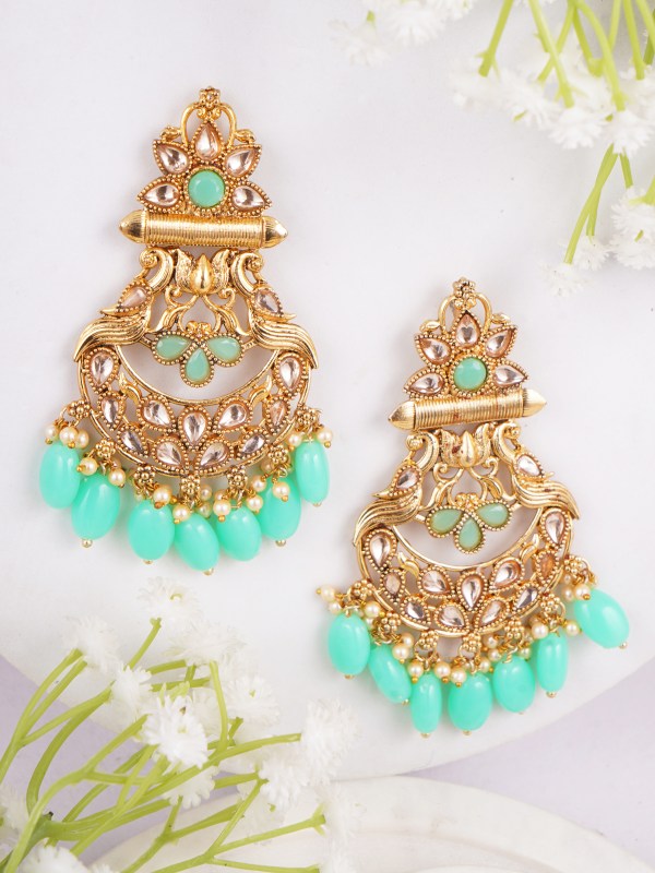 Gold Plated Turquoise Blue Stone Studded Hanging Pearl Peacock Design Earrings