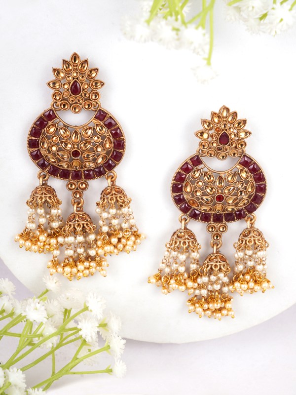 Gold Plated Maroon Stone Studded Dome Shaped Tessels Earrings