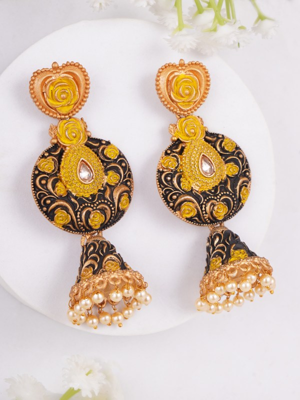 Gold Plated Mustard Stone Studded Hanging Pearl Emamel Rose Design Earrings