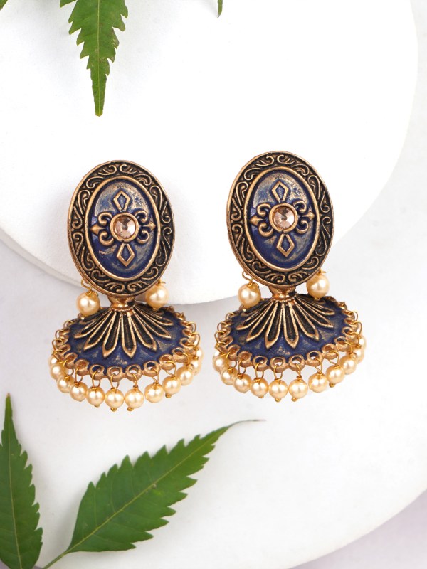 Gold Plated Blue Stone Studded Hanging Pearl Emamel Rose Design Earrings