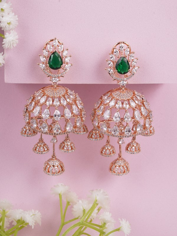 RoseGold Plated CZ & Emerald Stone Studded Dome Shape Jhumkas
