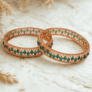Women Set of Two Gold Plated Emerald Stone & Kundan Studded Bangles