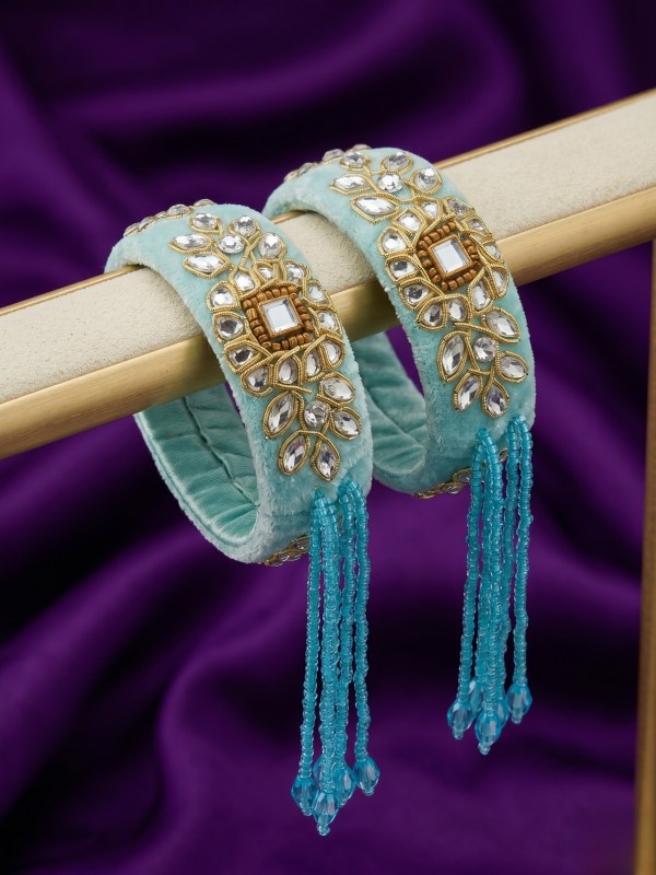 Women’s Set of 2 Sky Blue Velvet & Kundan Tassel Kadas