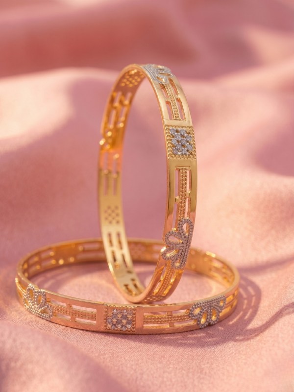 Women's Set of 2 Gold Plated Floral Design CNC Bangles in Dual Finish