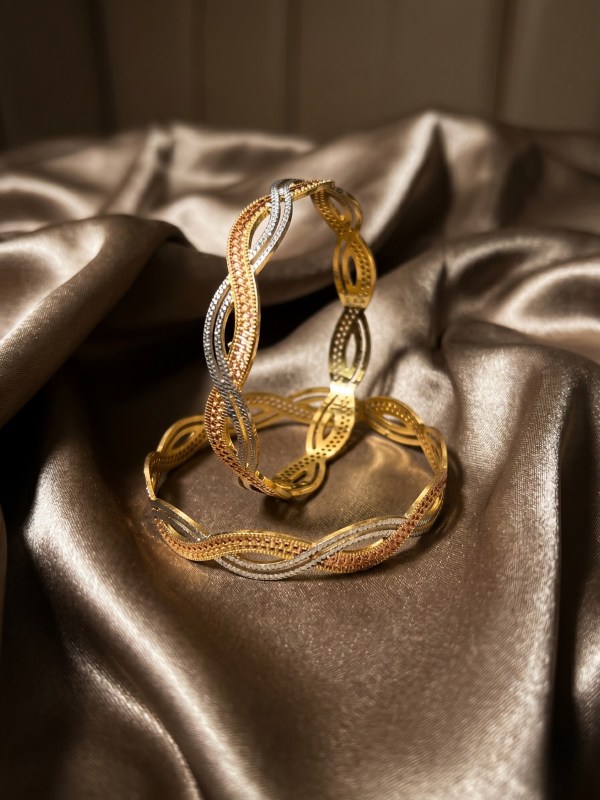 Women's Set of 2 Tri-Tone Gold, Rose Gold, and Silver Plated CNC Braided Bangles