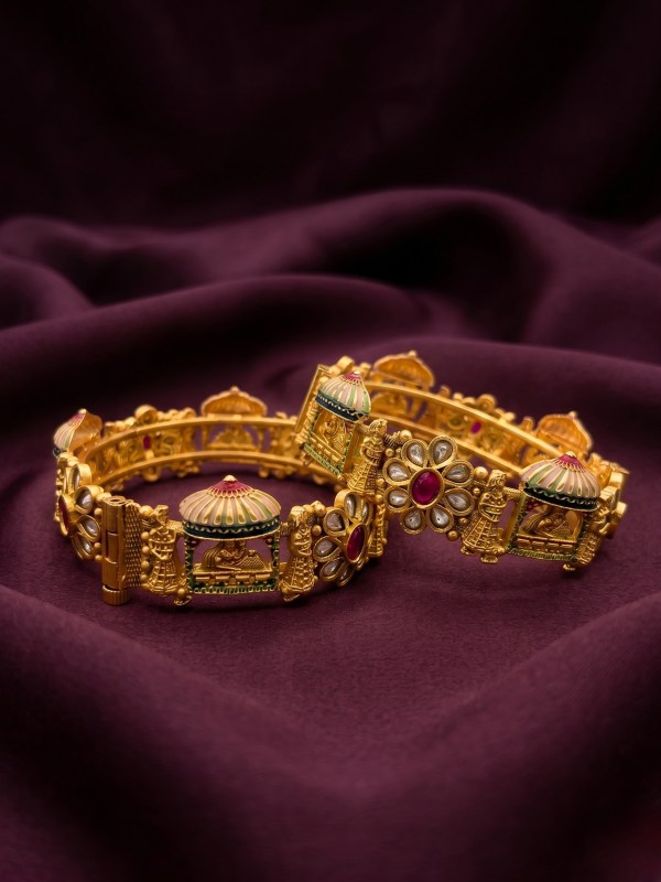 Women Set of 2 Gold Plated Floral Kemp Temple Bangles