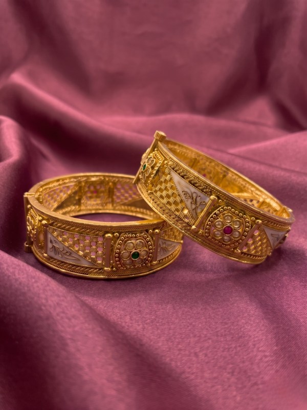 Women Set of 2 Gold Plated Antique Bangles with Pastel Meenakari