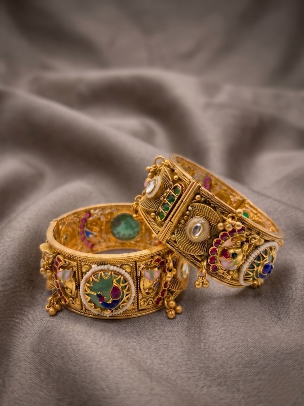 Women Set of 2 Gold Plated Peacock Meenakari Temple Kadas