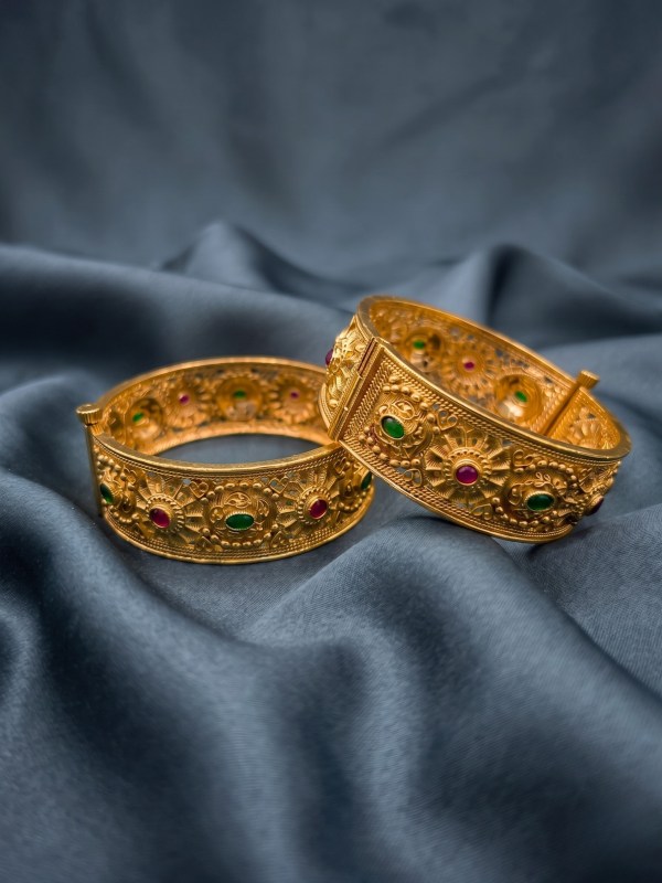 Women Set of 2 Gold Plated Ruby & Emerald Filigree Kadas