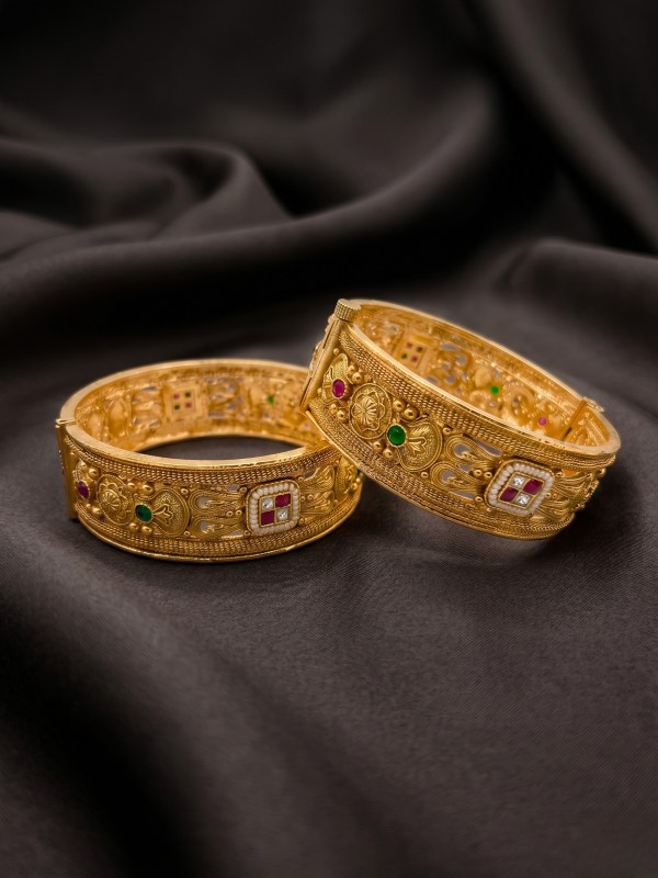 Women Set of 2 Gold Plated Royal Mosaic Temple Kadas