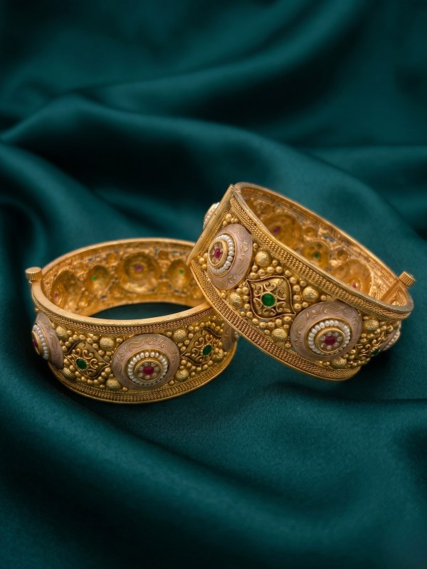 Women Set of 2 Gold Plated Pastel Meenakari Floral Kadas