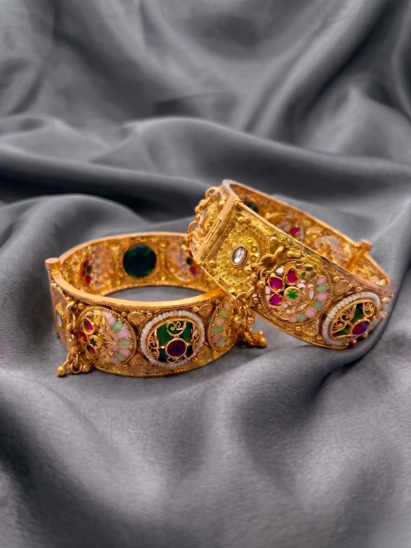 Women Set of 2 Gold Plated Royal Enamel Temple Kadas