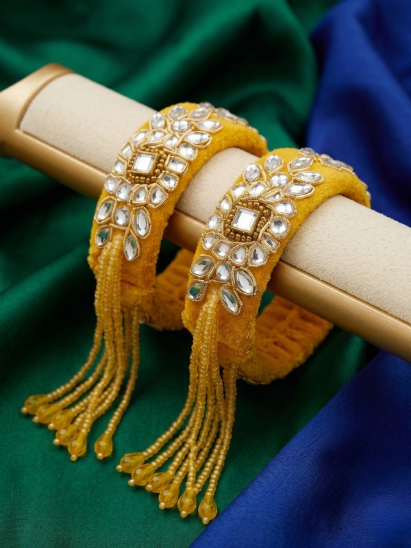 Women’s Set of 2 Mustard Yellow Velvet & Kundan Tassel Kadas