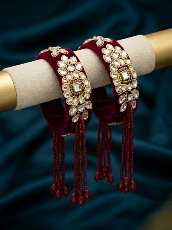Women’s Set of 2 Maroon Velvet & Kundan Tassel Kadas
