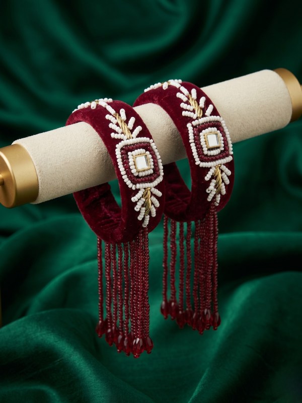Women’s Set of 2 Maroon Velvet & White Bead-Work Tassel Kadas