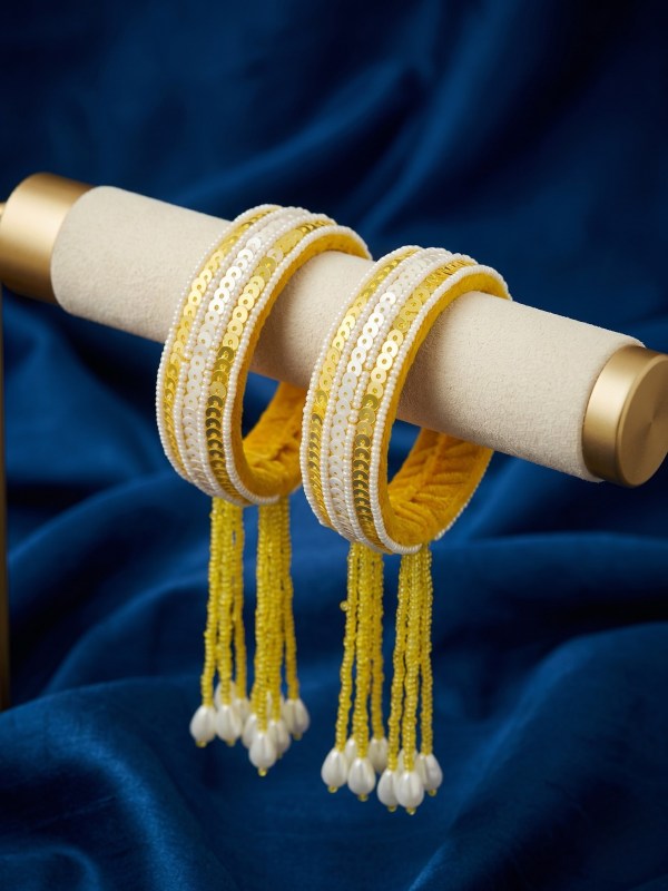 Women’s Set of 2 Golden Yellow Velvet Sequin & Pearl Tassel Kadas
