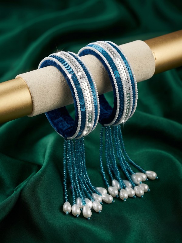 Women’s Set of 2 Royal Blue Velvet Sequin & Pearl Tassel Kadas