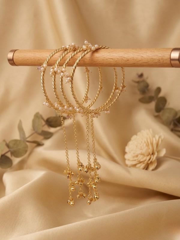 Women’s Set of 4 Kashmiri Gold-Toned Twisted Kadas with Pearl & Bell Latkans