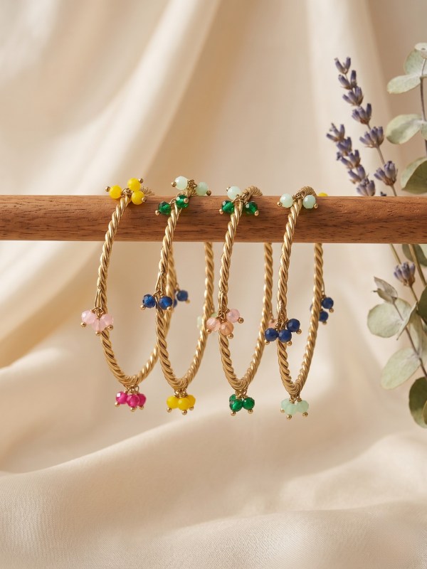 Women’s Set of 4 Kashmiri Gold-Toned Twisted Kadas with Multicoloured Beaded Latkans