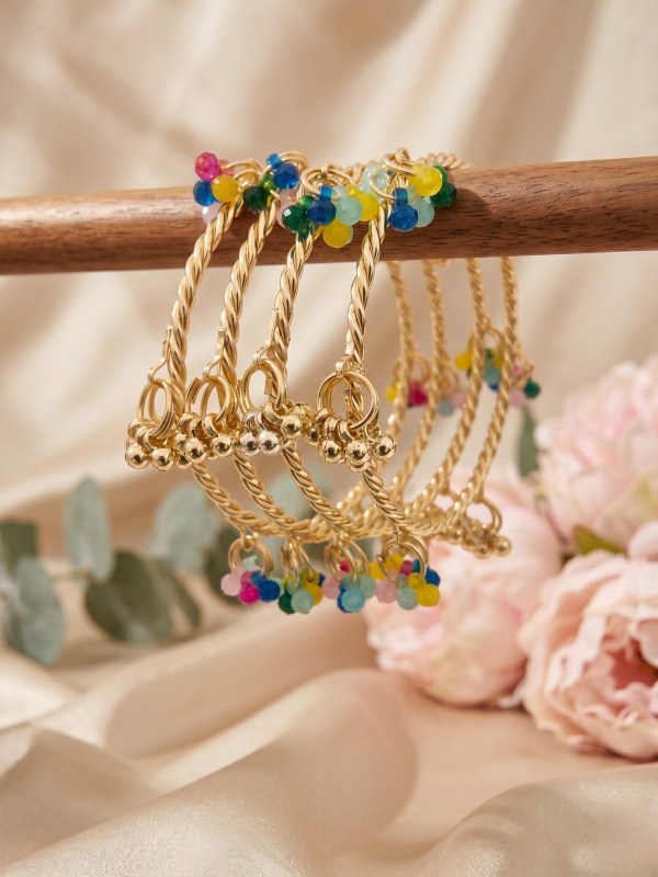 Women’s Set of 4 Kashmiri Gold-Toned Twisted Kadas with Multicoloured Beaded Latkans