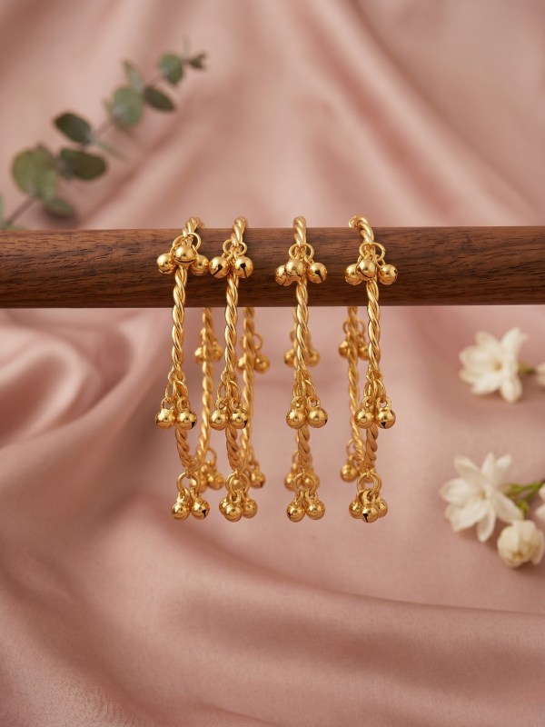 Women’s Set of 4 Kashmiri Gold-Toned Twisted Kadas with Cascading Ghungroo Latkans