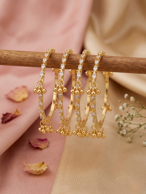 Women’s Set of 4 Kashmiri Gold-Toned AD Stone-Studded Kadas with Ghungroo Latkans