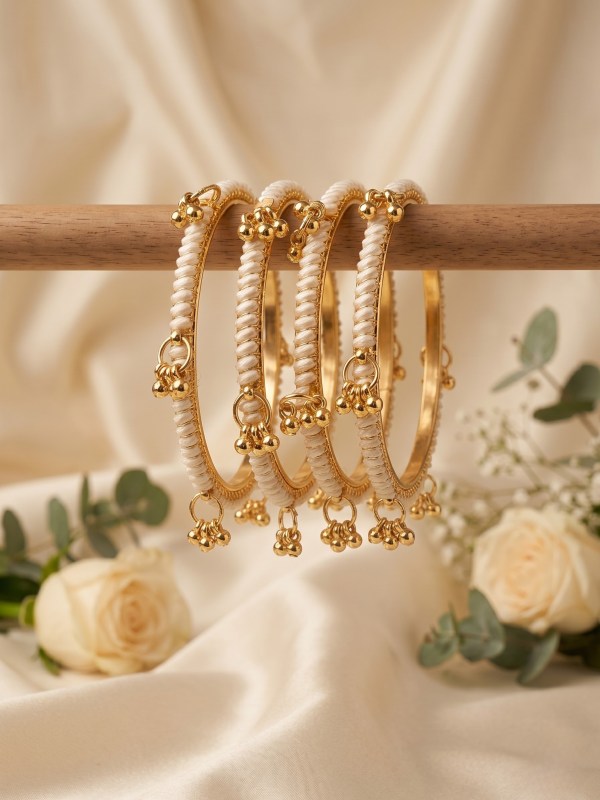 Women’s Set of 4 Kashmiri Gold-Toned Pearl-Beaded Kadas with Ghungroo Latkans