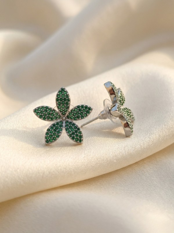 Rhodium-Plated Green Emerald Floral Studs