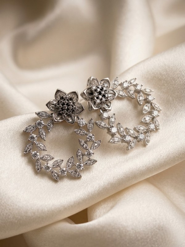 Rhodium-Plated Floral Wreath Statement Earrings