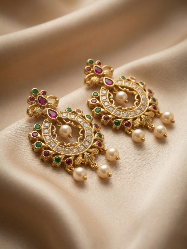 Antique Gold Multicolor Stone Chandbali Earrings with Pearl Drops