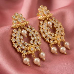 Antique Gold Stone-Studded Floral Chandbali Earrings