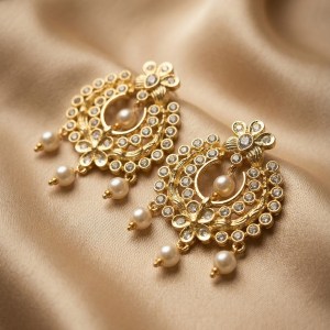 Antique Gold Floral Crescent Earrings with Pearl Clusters